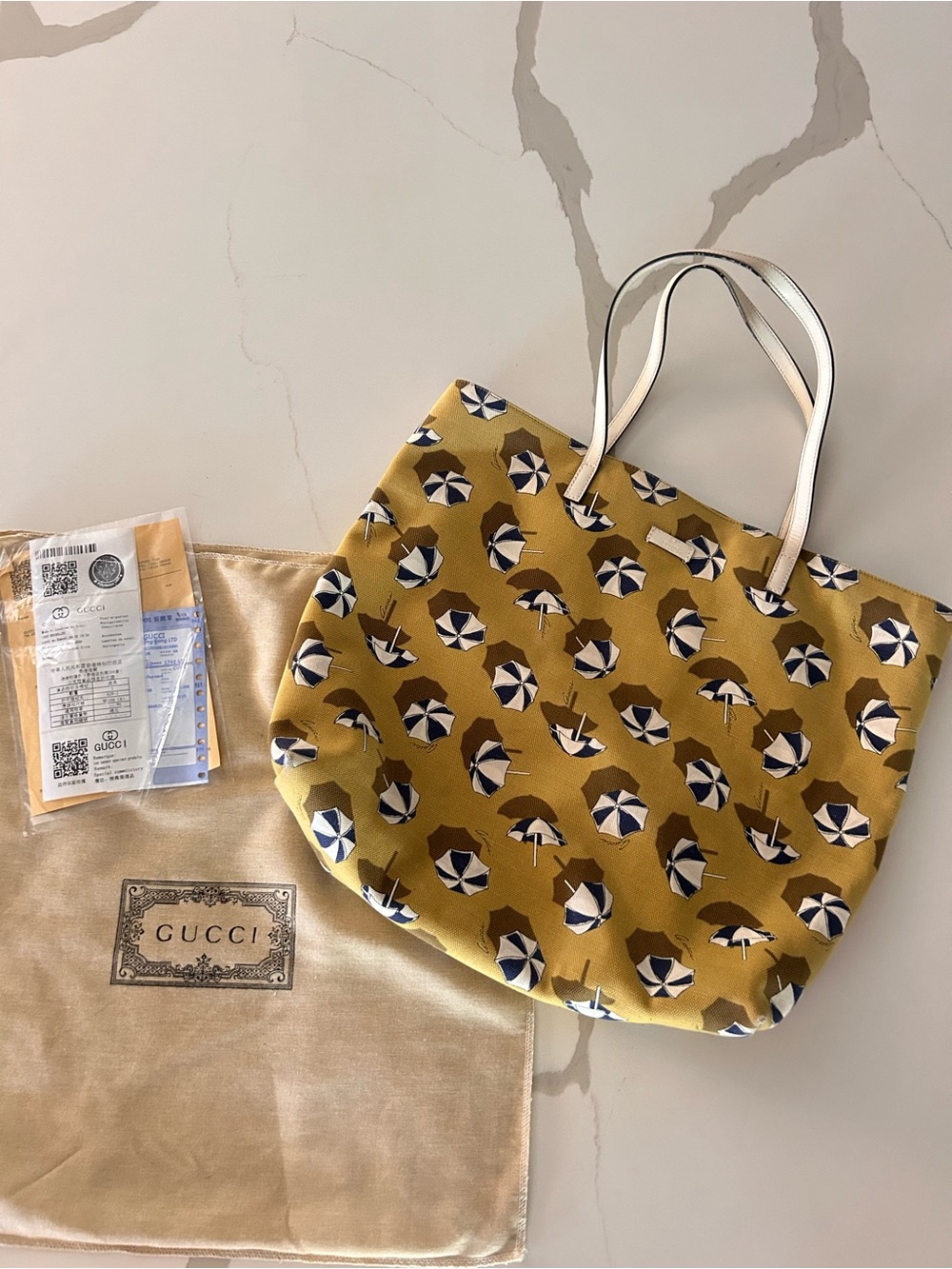 Gucci Yellow Umbrella Motif Canvas Tote with White Handles